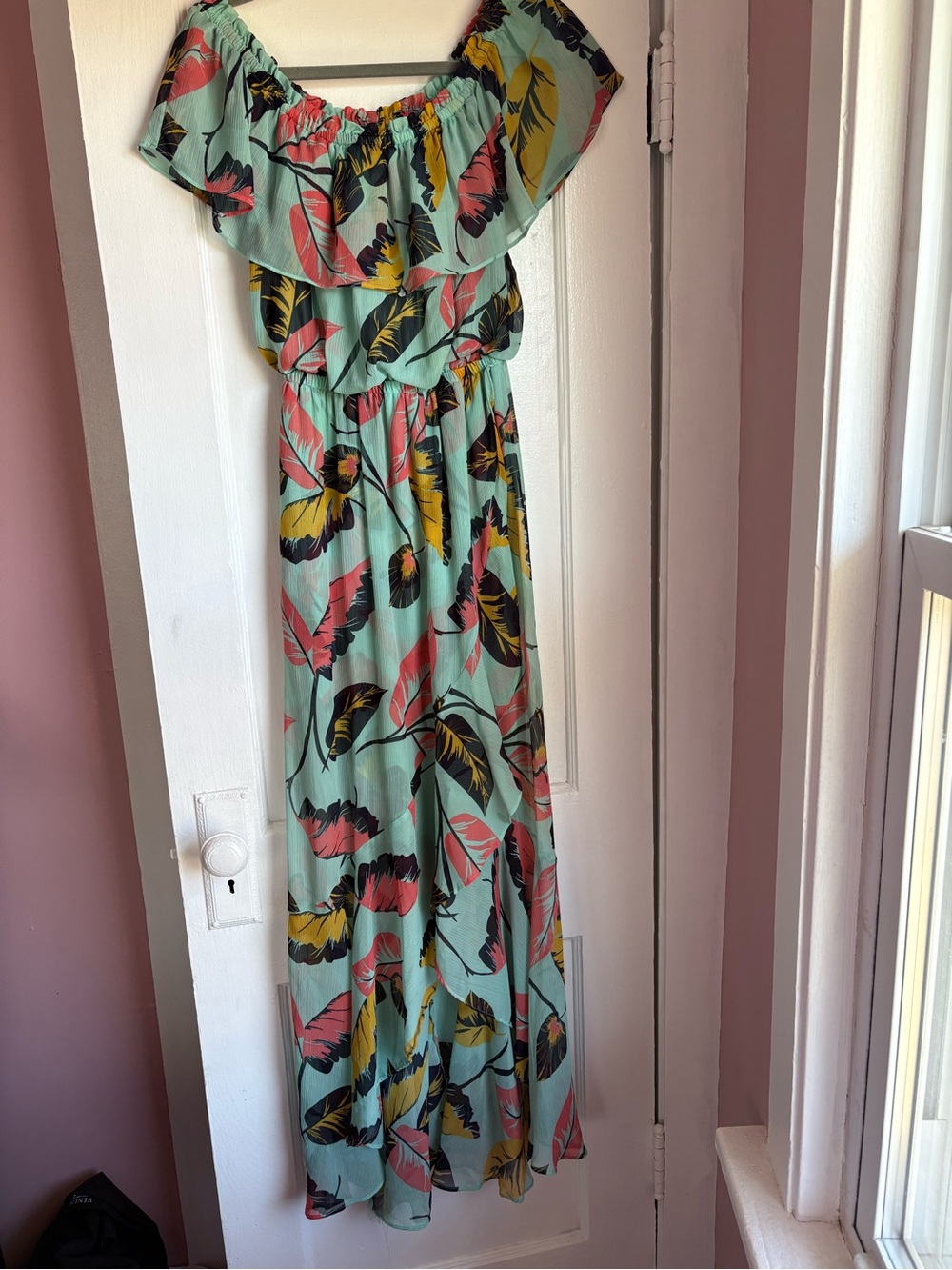 Express Tropical Ruffle Off the Shoulder High Low Maxi Dress Mint Green Small